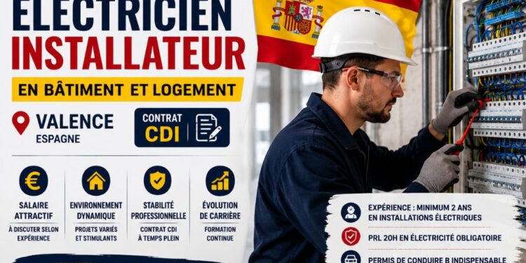 Électricien Installateur en Espagne | CDI à Valence – Secteur Bâtiment & Logement