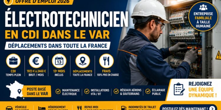Électrotechnicien en France 2026 : CDI dans le Var avec Déplacements et Avantages Inclus