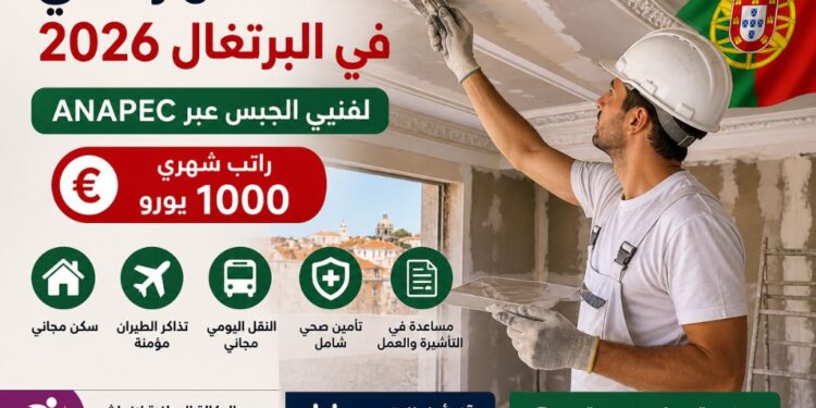 عقد عمل في البرتغال 2026 لفنيي الجبس عبر ANAPEC براتب 1000 يورو